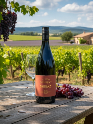 Shiraz Wein auf Tisch vor Weinrebe